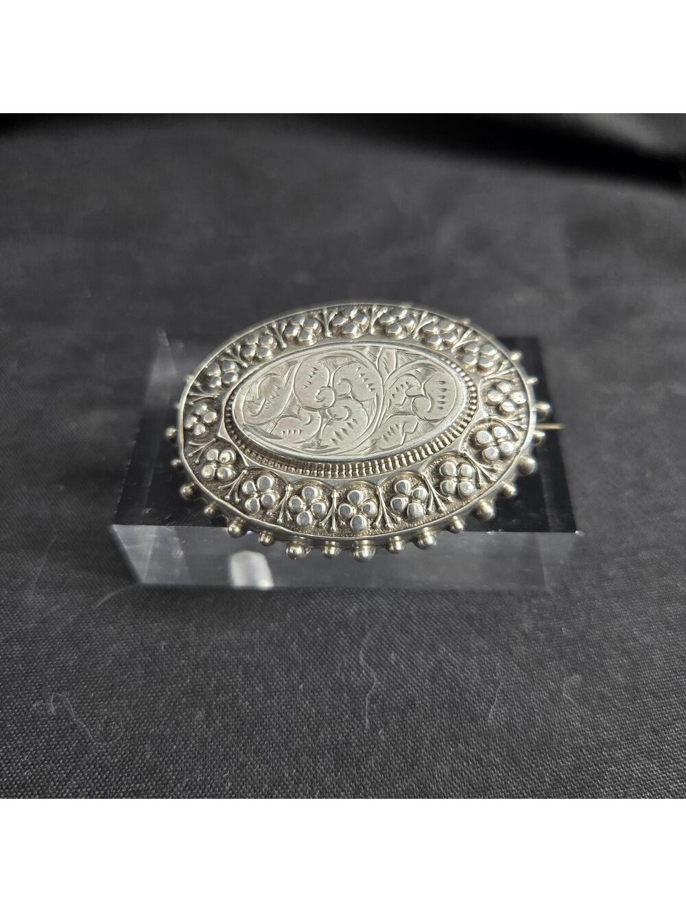 Antique Silver Engraved Oval Brooch Victorian Memorial Mourning Brooch